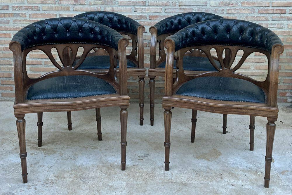 Furniture French Dining Armchairs In Leather And Walnut, 1950s, Set Of 4 photo