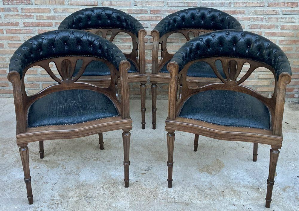 4751.0 French Dining Armchairs In Leather And Walnut, 1950s, Set Of 4 photo
