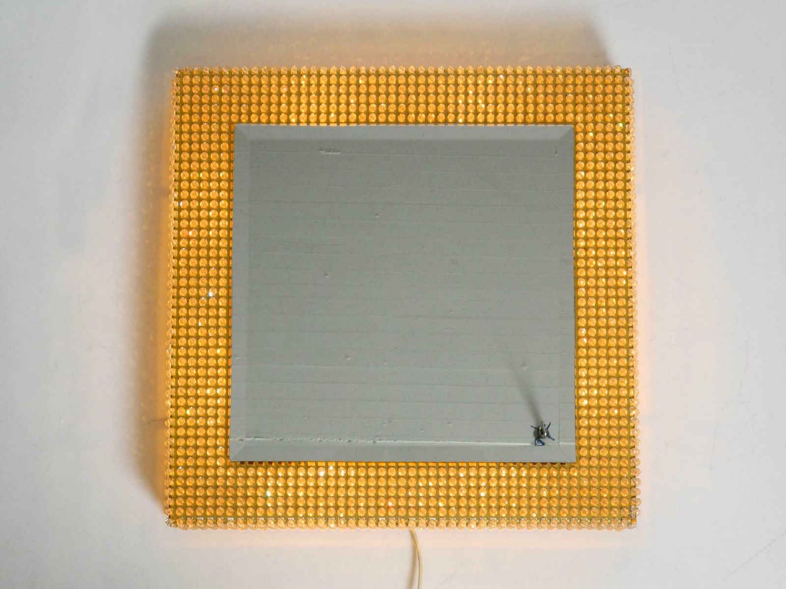 Rare Square 1960s Brass Wall Backlit Mirror Frame With Glass Beads By Palwa photo for sale