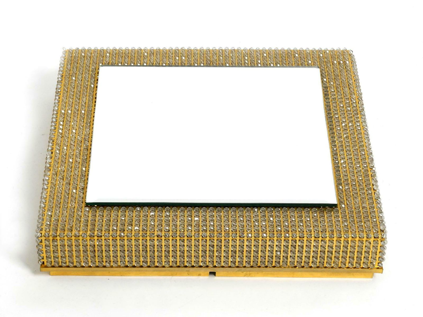 Rare Square 1960s Brass Wall Backlit Mirror Frame With Glass Beads By Palwa photo Home Decor