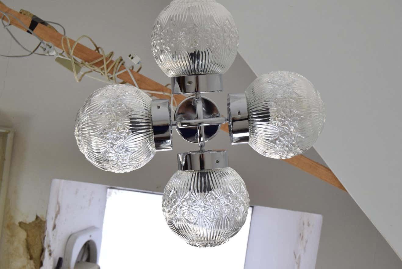 photo for sale Pair Of Mid Century Chrome Chandeliers By Instala Decin,1970's