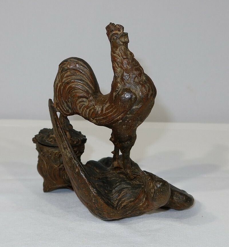 Home Decor Inkwell In Patinated Spelter “Le Coq Patriotique” – Late 19th Century photo