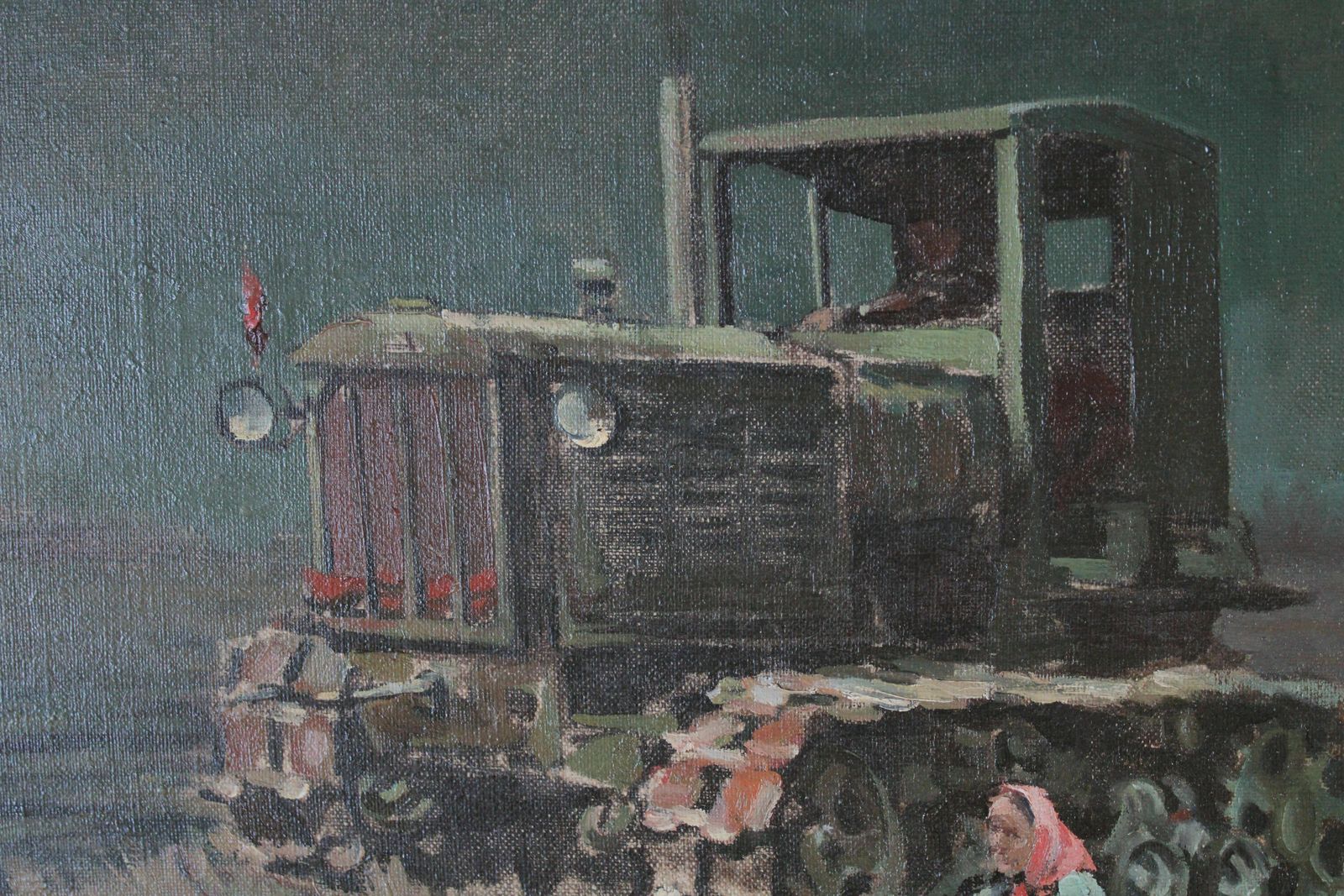 Jekabs Bine Afternoon. Workers With Tractor By The River. Oil On Canvas photo vintage