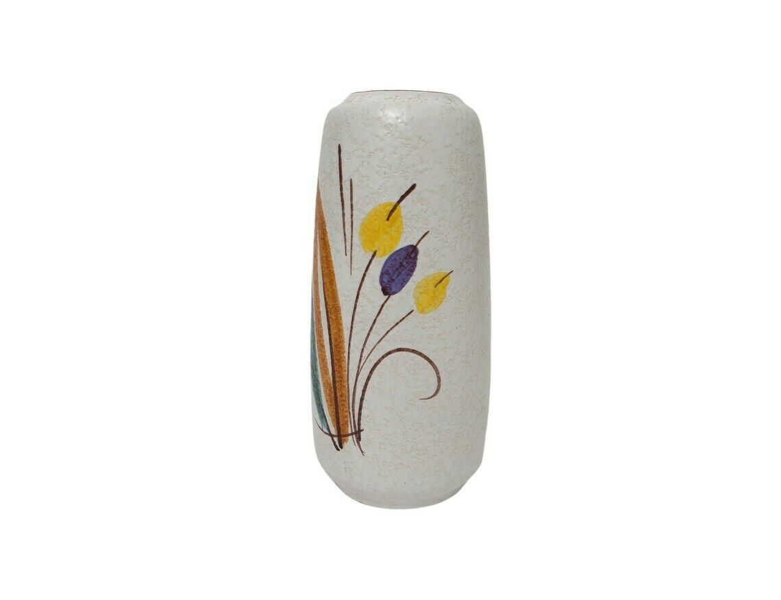 West German White Vase With Orange And Green Leaves Design, 1950’s photo for sale