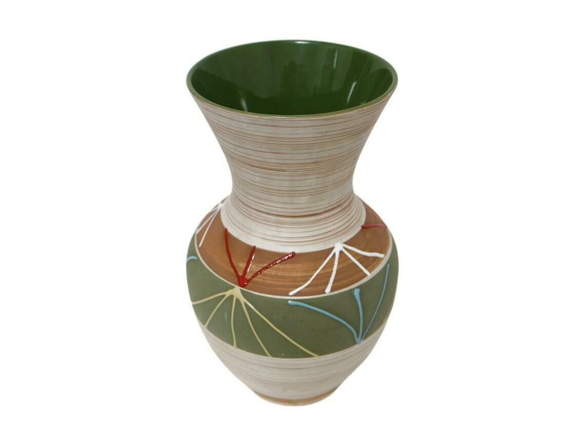 West German Ceramic Vase With Olive Green Interior And Multi Coloured Design, 1960’s