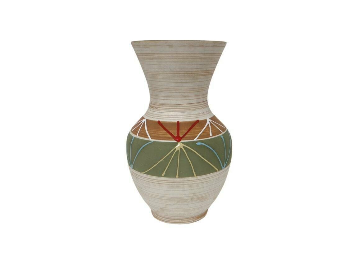 West German Ceramic Vase With Olive Green Interior And Multi Coloured Design, 1960’s photo Home Decor