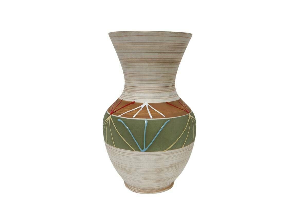 West German Ceramic Vase With Olive Green Interior And Multi Coloured Design, 1960’s photo 65.0