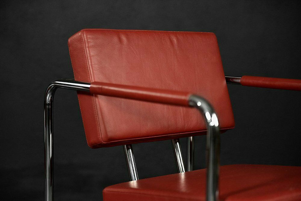 Scandinavian Bauhaus Model Ej 8 Armchairs In Chrome And Red Leather By Torben Skov For Erik Jørgensen Møbelfabrik, 1990, Set Of 2 photo vintage