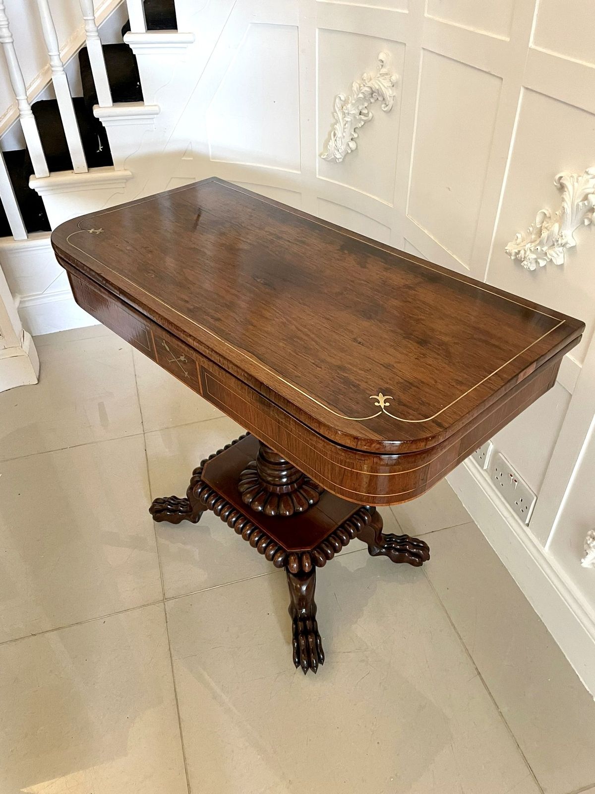 Fine Quality Antique Carved Rosewood Brass Inlaid Card Table photo 2995.0