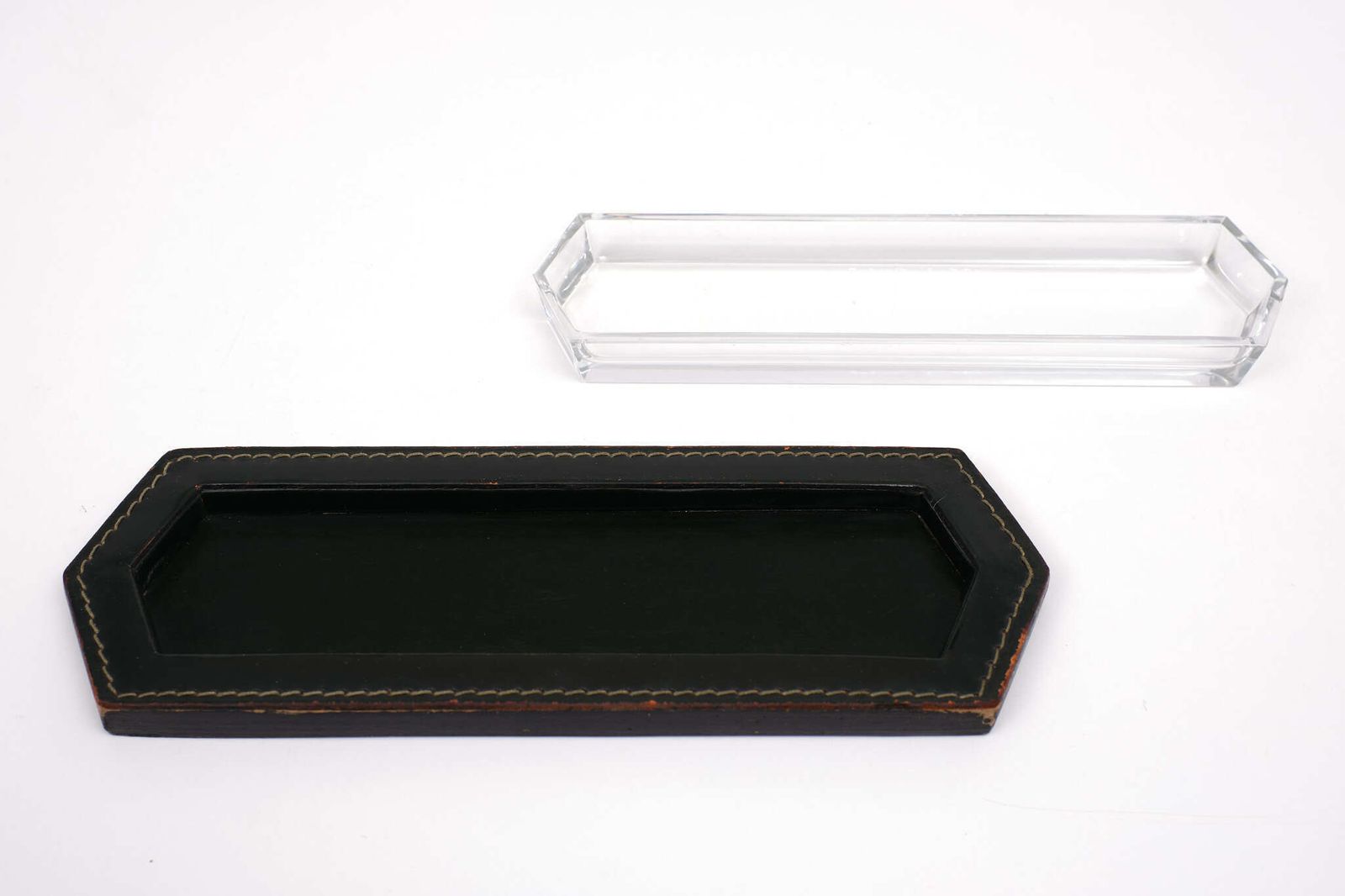 Stich Leather Pencil Holder Crystal Tray 1950s France photo Home Decor