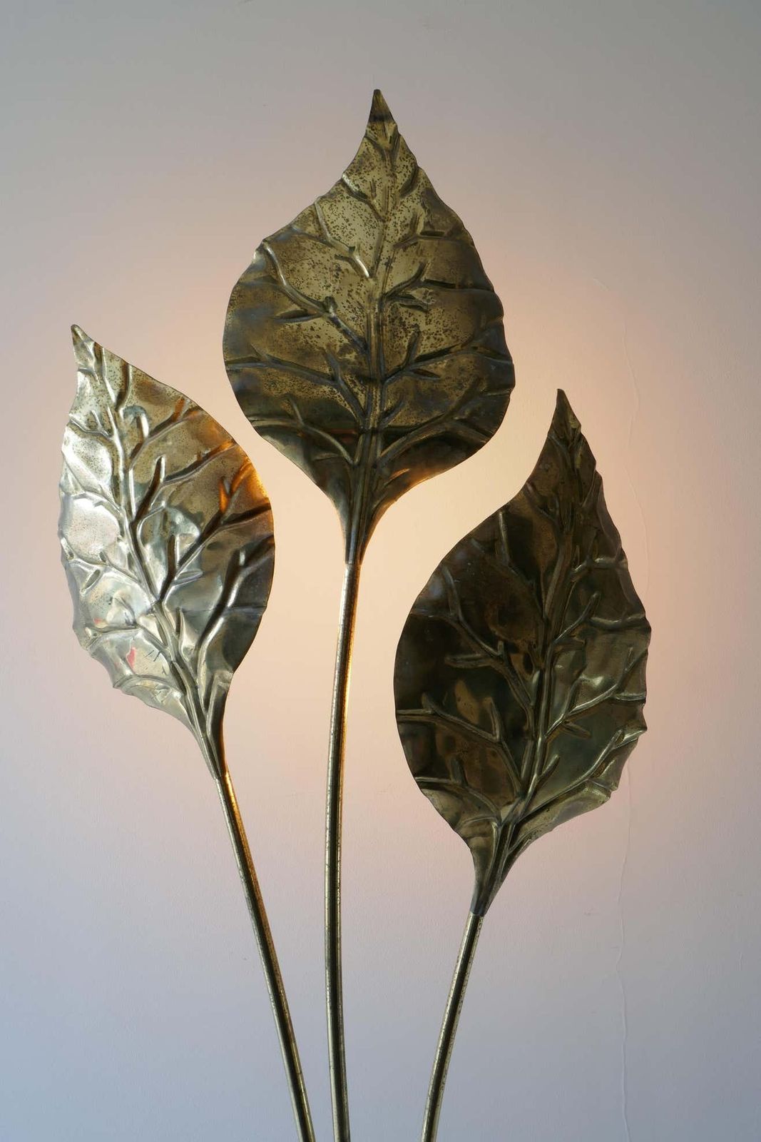 photo for sale Brass 3 Lights, Leaf Shaped Floor Lamp, Tommaso Barbi Style, Italy, 1970s