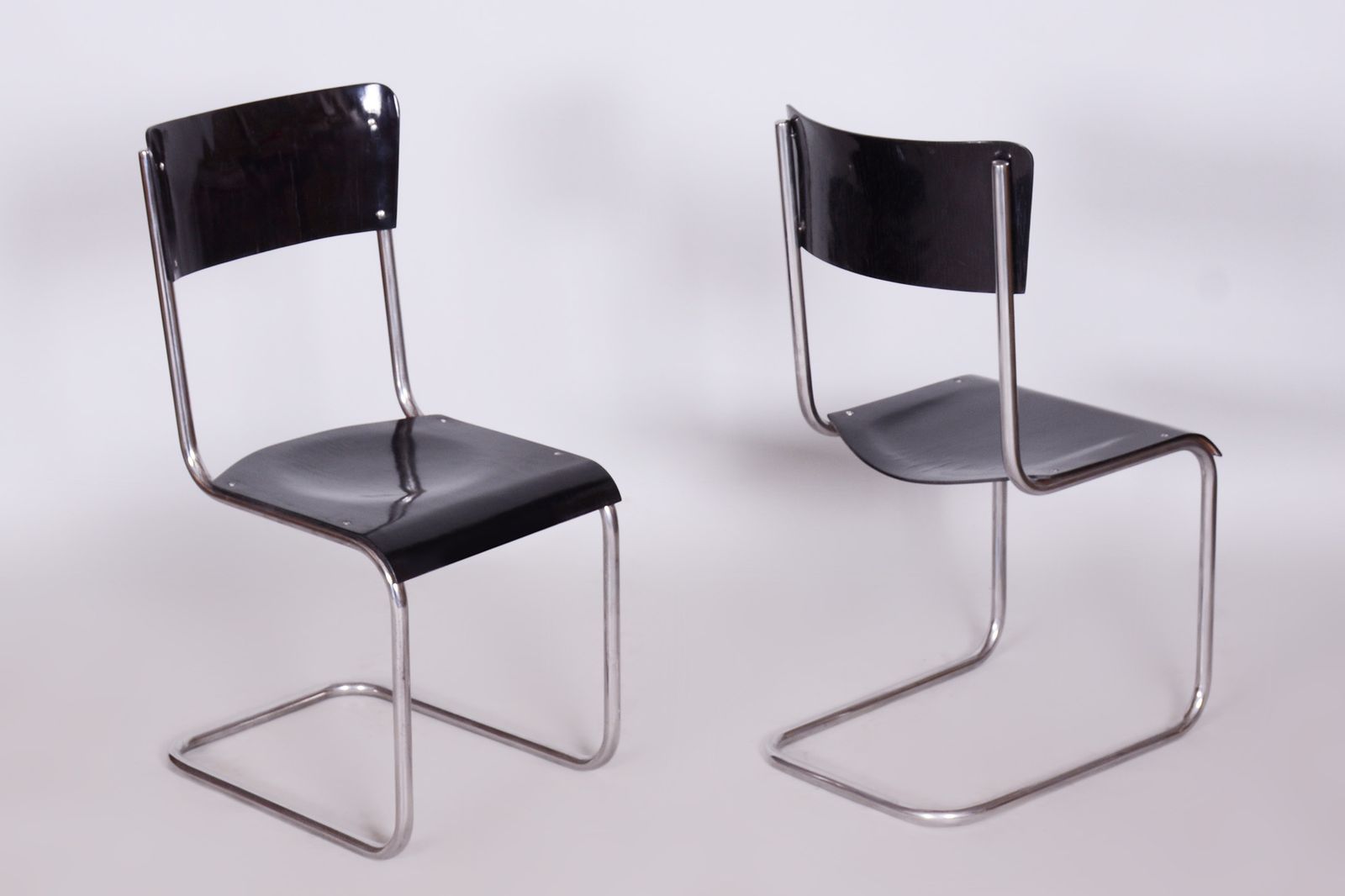 Set Of 6 Black Bauhaus Chairs, Restored, High Gloss, Vichr A Spol, Czechia, 1930s photo Furniture