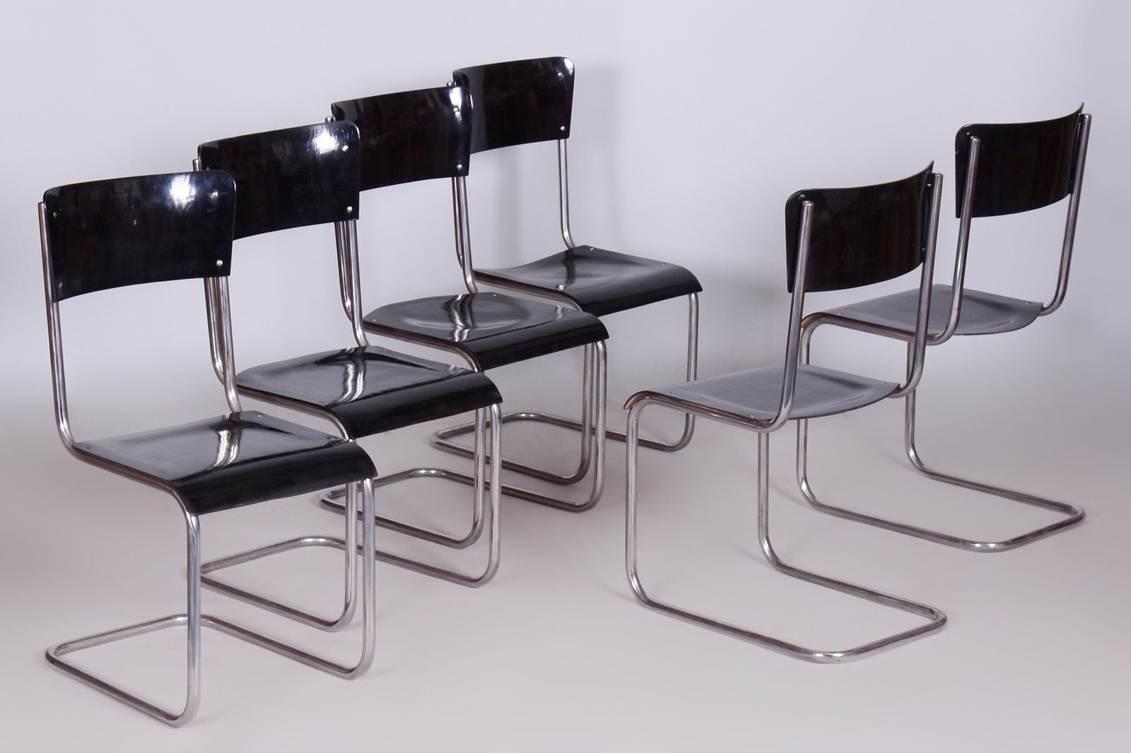 Set Of 6 Black Bauhaus Chairs, Restored, High Gloss, Vichr A Spol, Czechia, 1930s