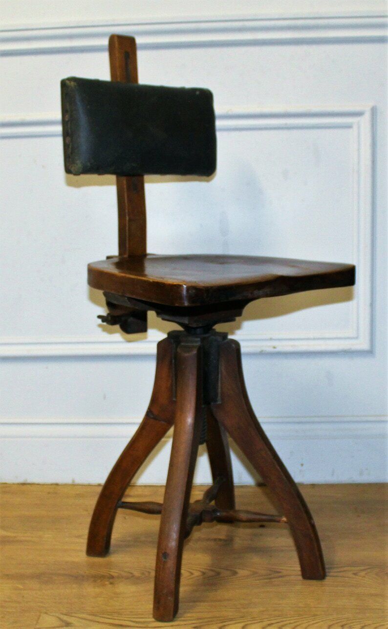 Antique Glenister Swivel Office Chair Wooden Desk Architect Draughtsman's Factory Metal Vintage Retro Industrial Machinist
