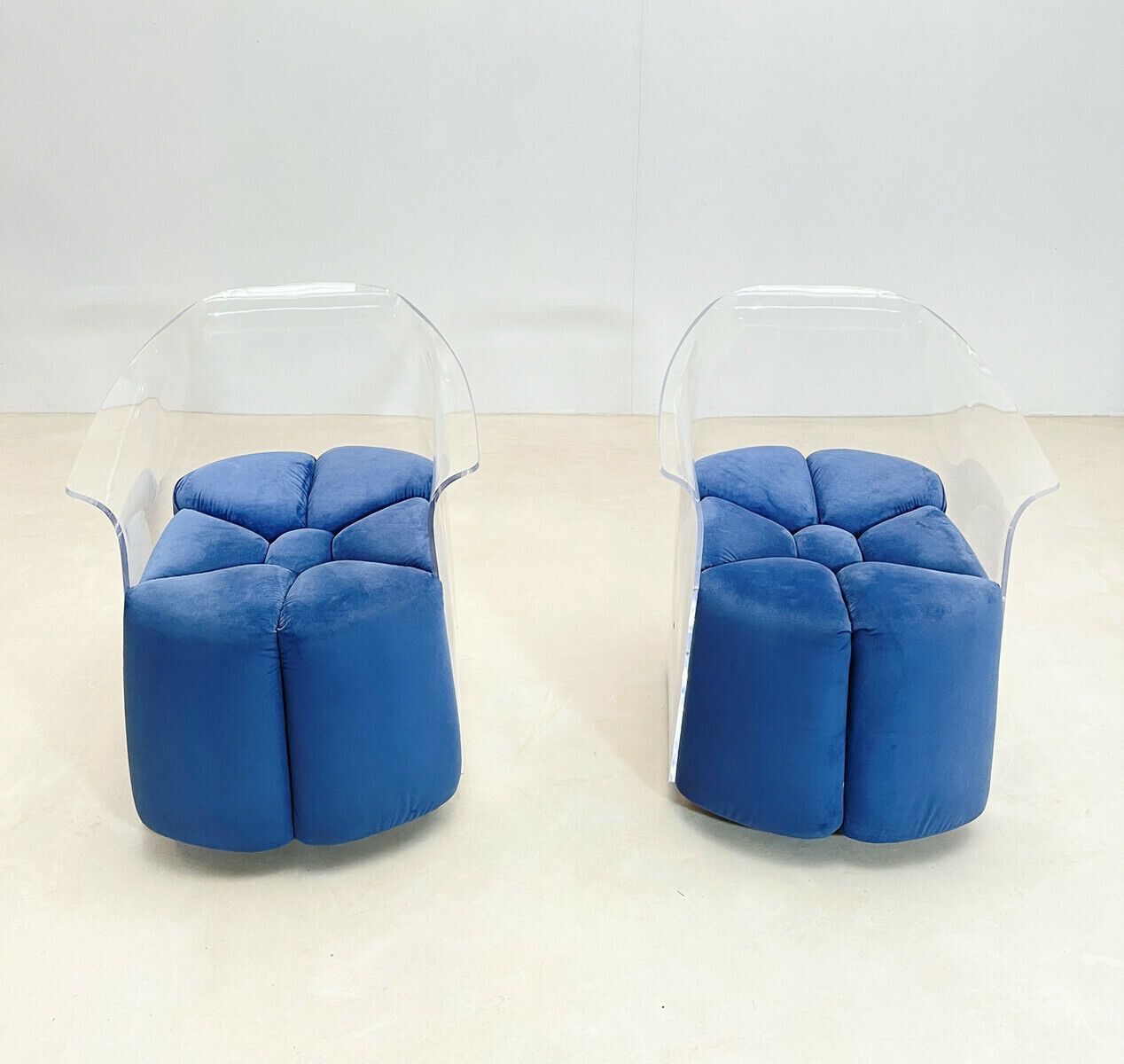 Pair Of Mid Century Modern Lucite Armchairs In Blue Velvet photo Furniture
