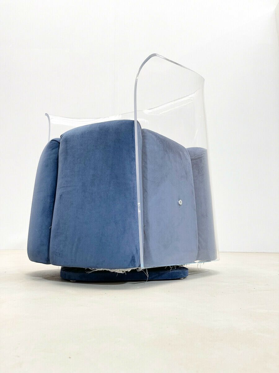 Pair Of Mid Century Modern Lucite Armchairs In Blue Velvet photo vintage