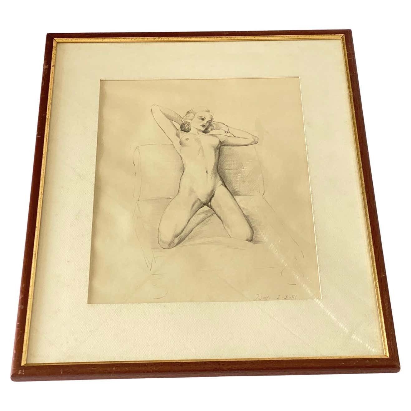Art Deco Drawing Representing Nude Woman By Van Doren 'Raymond' Belgium 1941