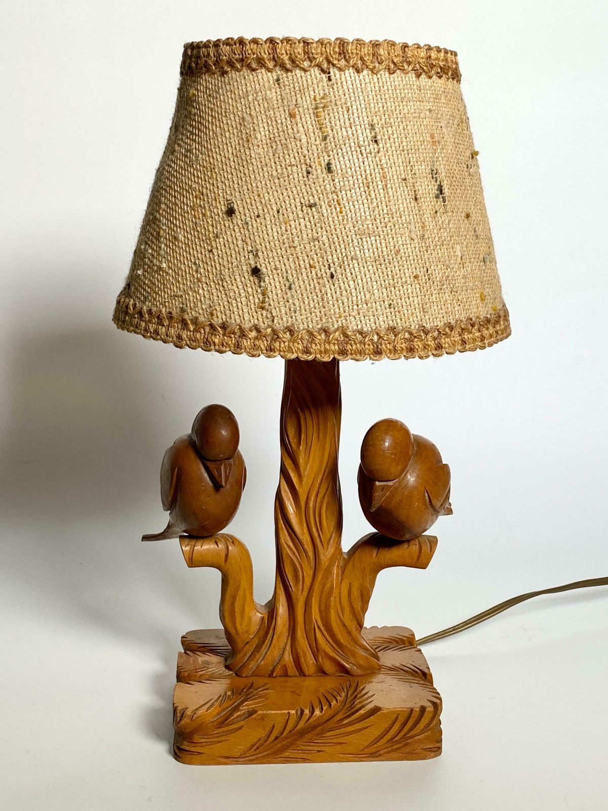 photo for sale Table Lamp In Wood, Birds In A Branch, Brown Colour, France, 1940