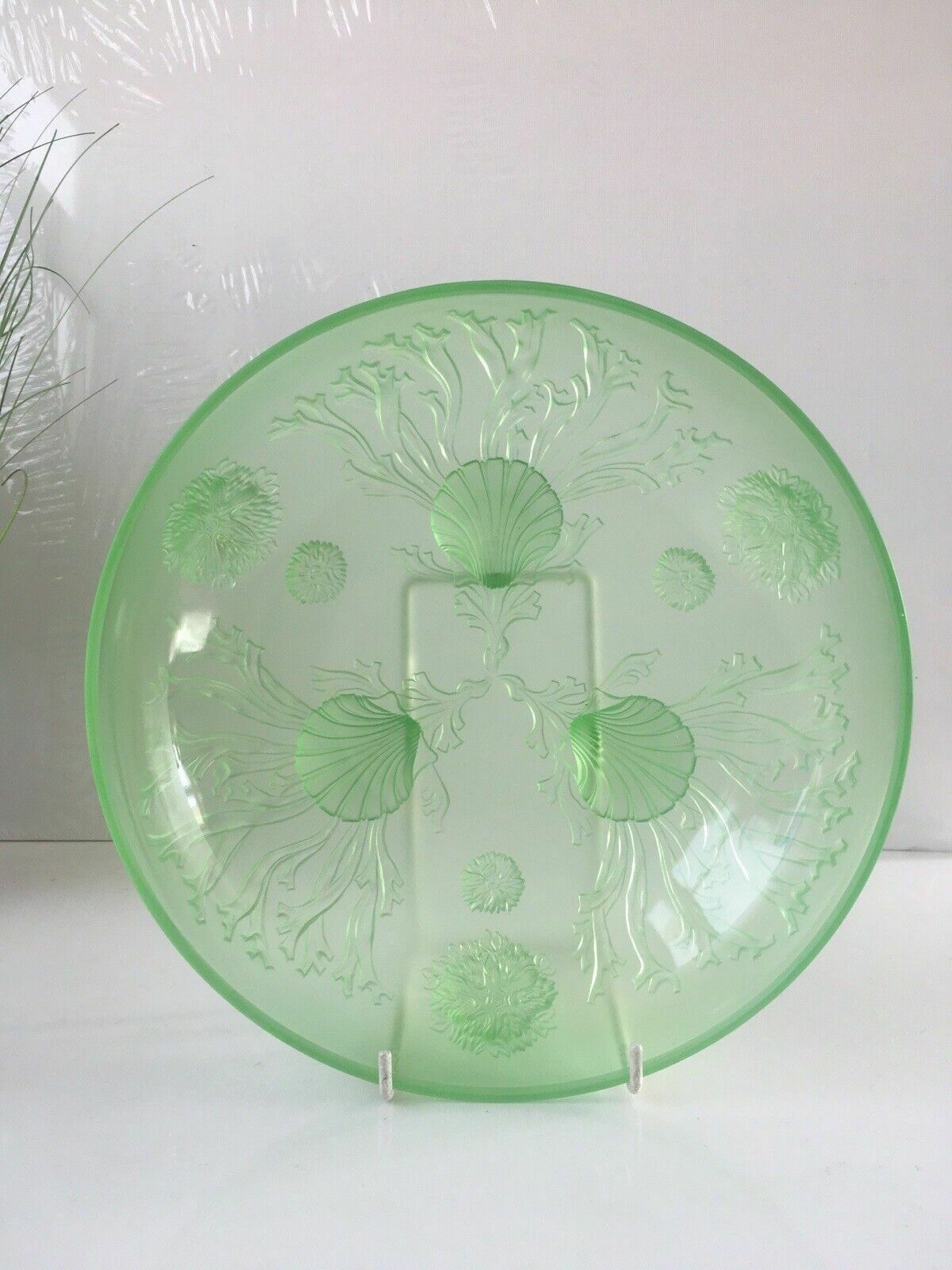Home Decor Art Deco Uranium Glass Dessert Bowl Set Seaweed Seashell Verlys Walther & Sohne photo