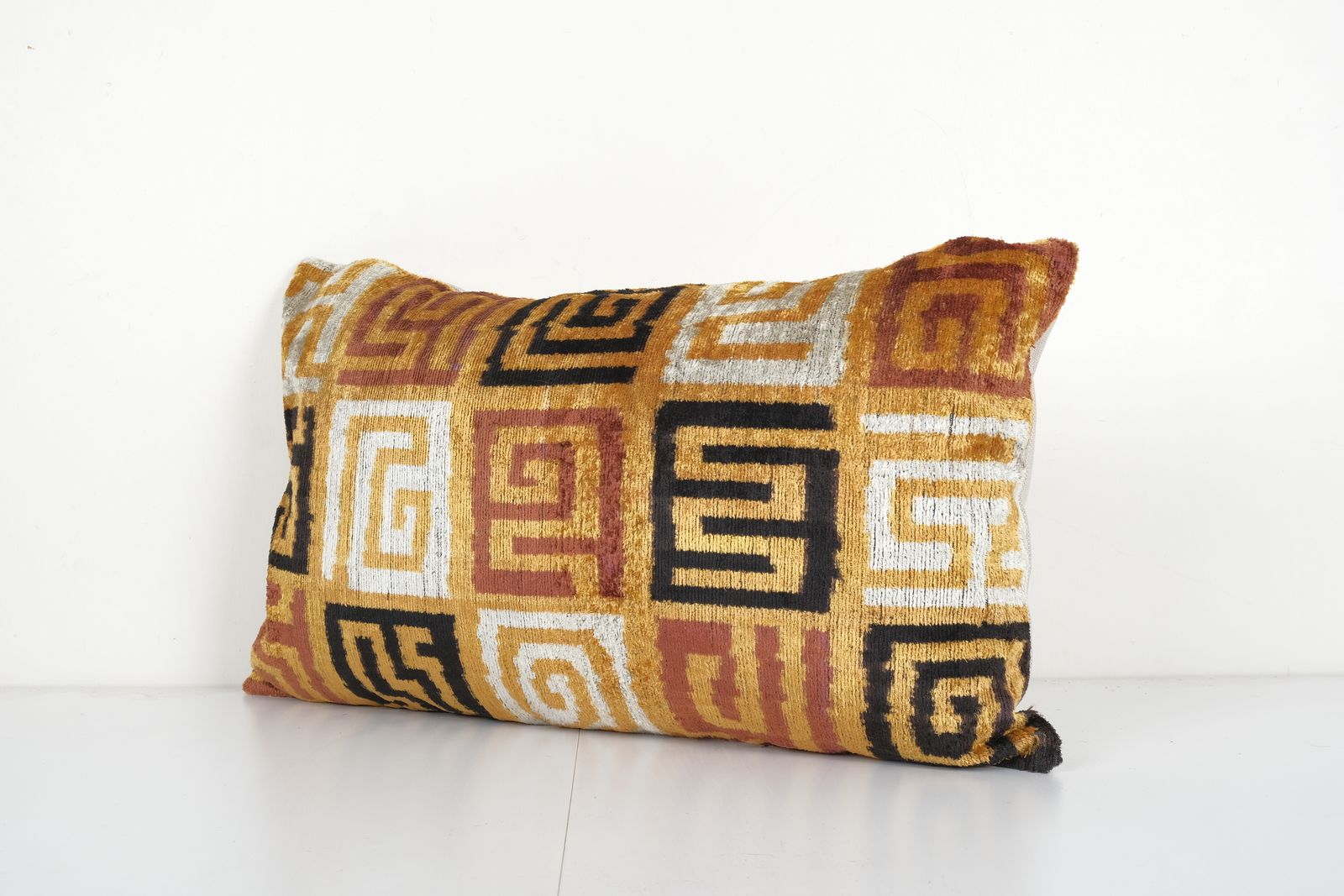 Gold Silk Ikat Velvet Pillow, Silk Ikat Lumbar Cushion Cover, Colorful Ikat Lumbar Pillows, Extraordinary Design Velvet  15'' X 25'' photo for sale