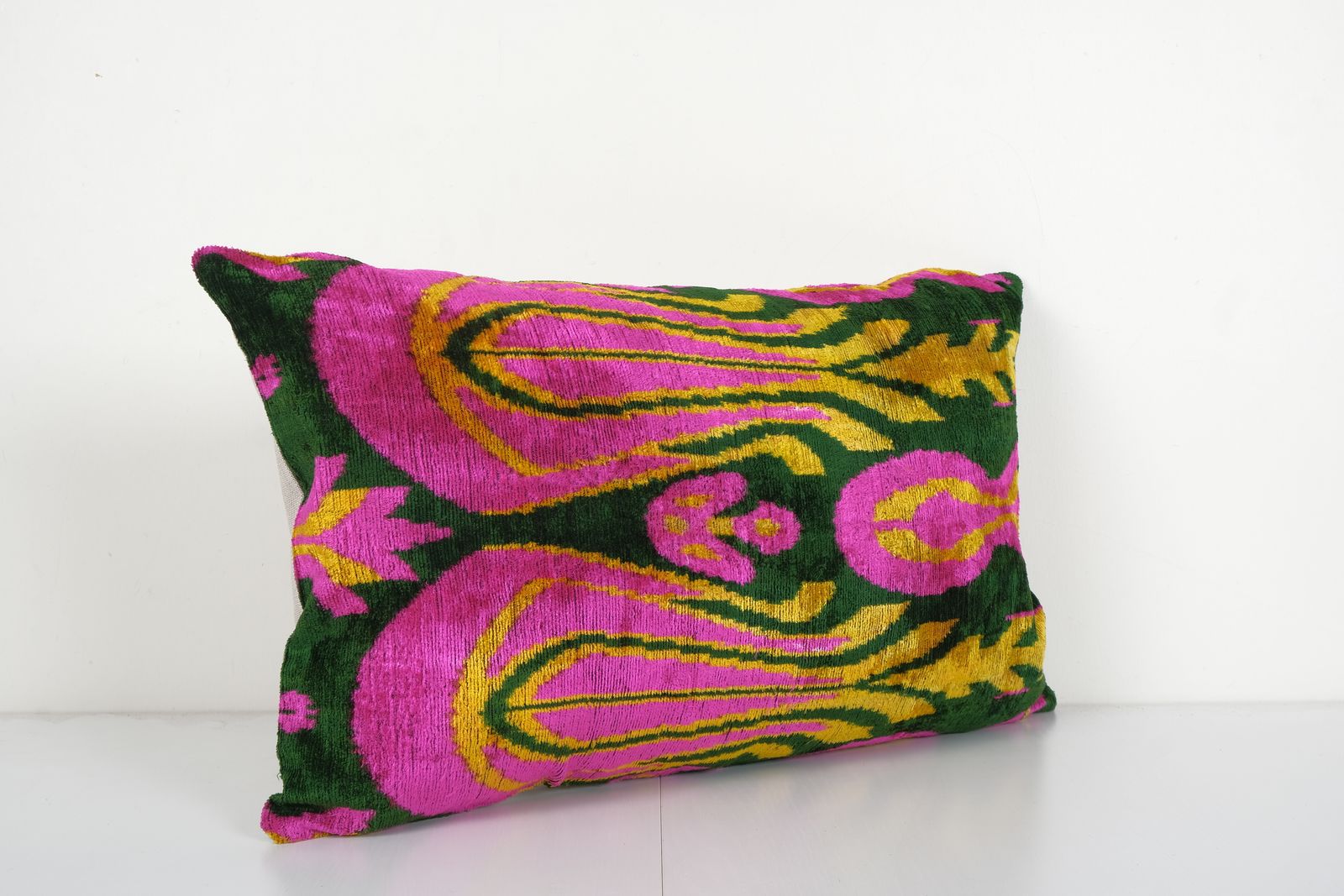 Ikat Hot Pink And Dark Green Pillow Cover With Tulip Pattern   Silk Ethnic Velvet Lumbar Pillow Cover   Designer Pillow 16'' X 24'' photo furniture