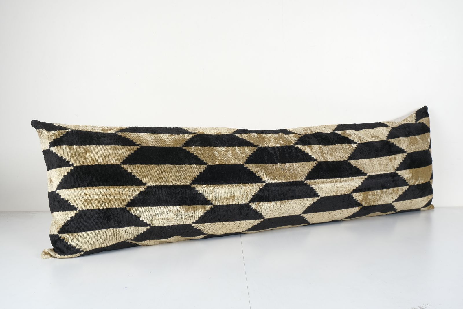 Silk Ikat Velvet Pillow, Extra Long Faded Bronze And Black Silk Ikat Lumbar Cushion Cover, Quadrilateral Velvet 16'' X 51'' photo for sale