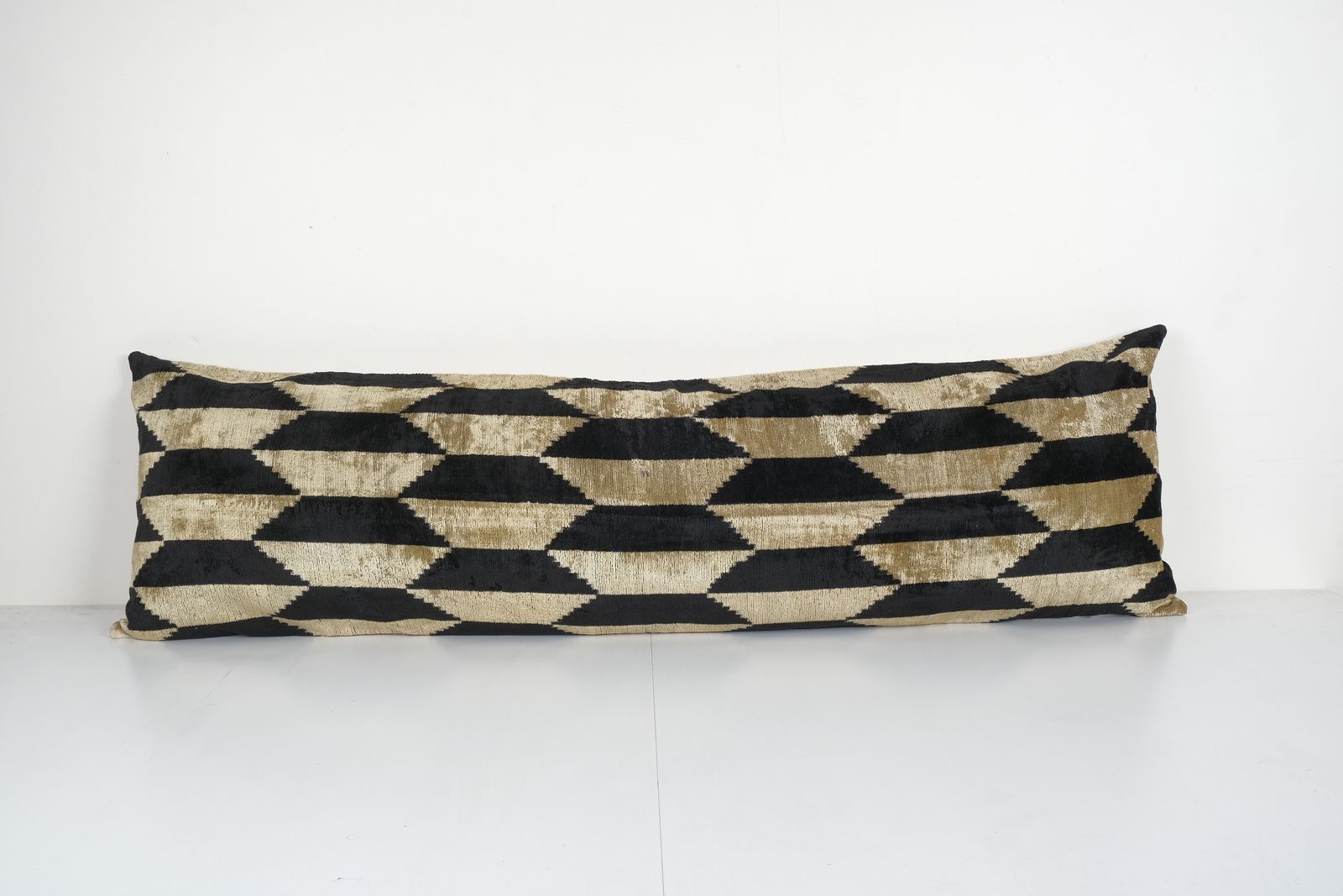 Silk Ikat Velvet Pillow, Extra Long Faded Bronze And Black Silk Ikat Lumbar Cushion Cover, Quadrilateral Velvet 16'' X 51''