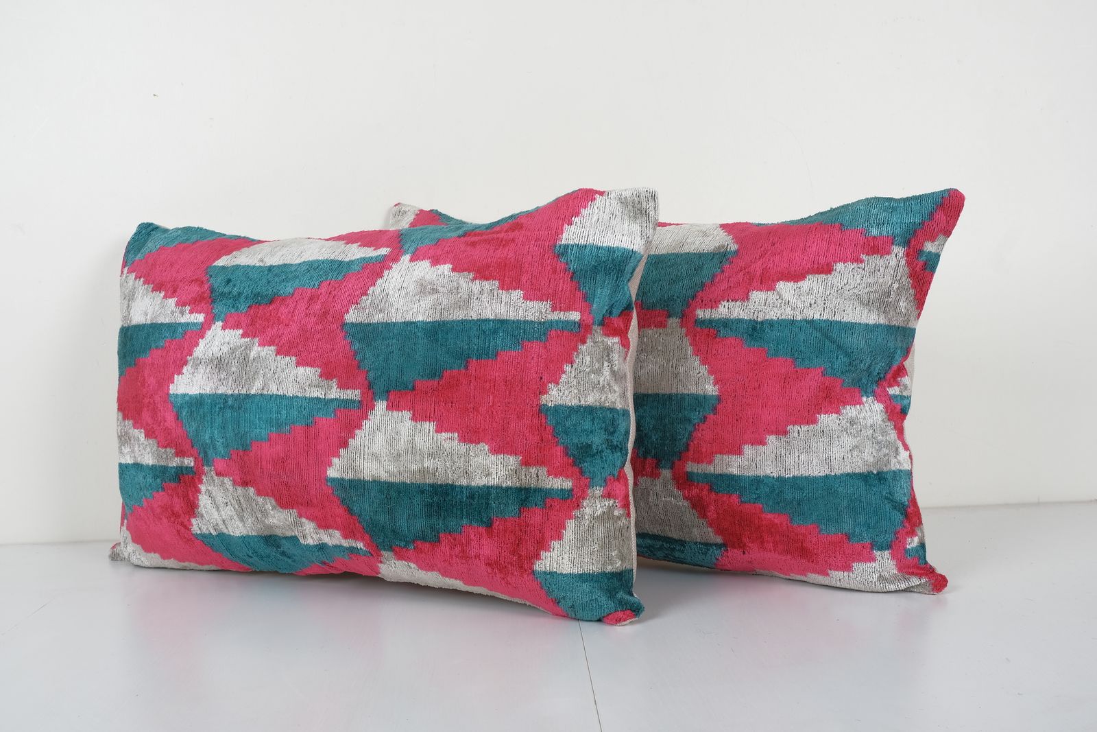 Silk Ikat Velvet Lumbar Pillow Cover, Matching Pink Ikat Lumbar Pillowcase, Set Designer Throw Pillow 16'' X 24'' photo furniture