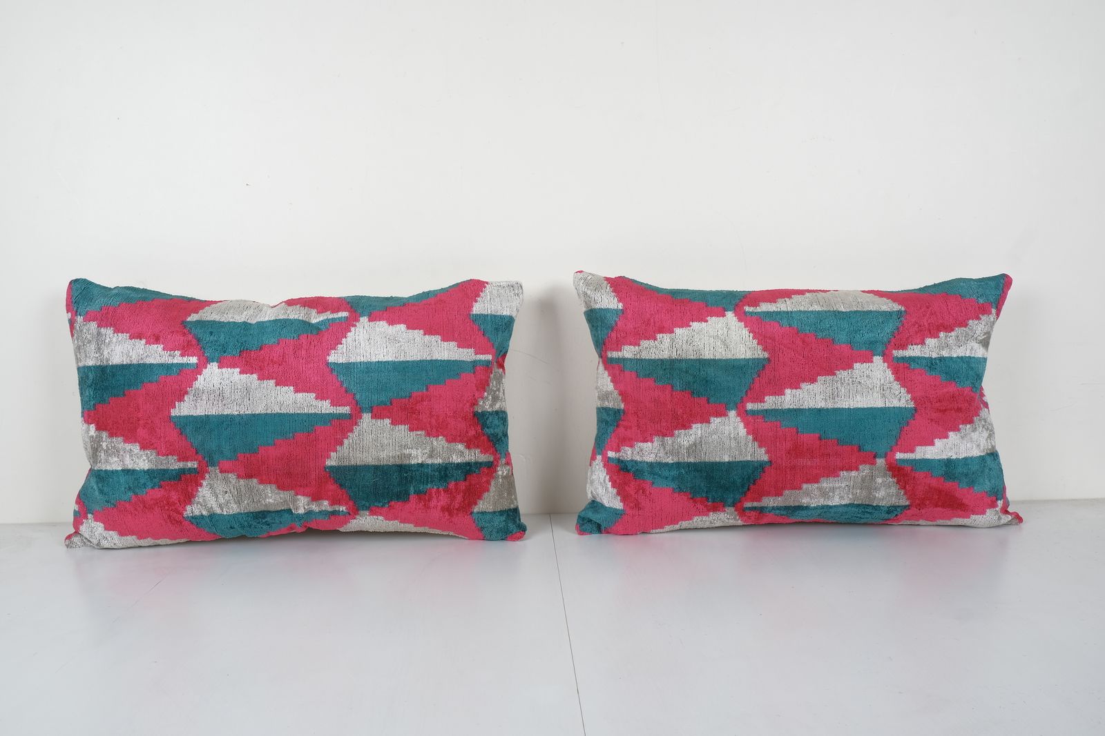 Silk Ikat Velvet Lumbar Pillow Cover, Matching Pink Ikat Lumbar Pillowcase, Set Designer Throw Pillow 16'' X 24''