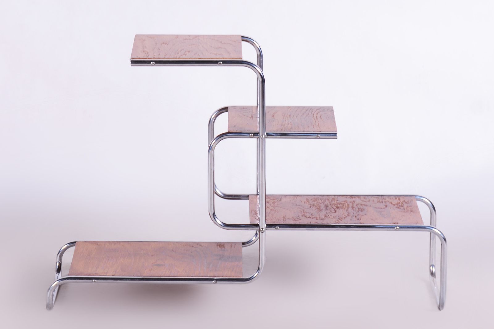 Unusual Czech Oak Bauhaus Style Chrome étagère, Flower Stand, Kovona, Czechia, 1930s photo furniture