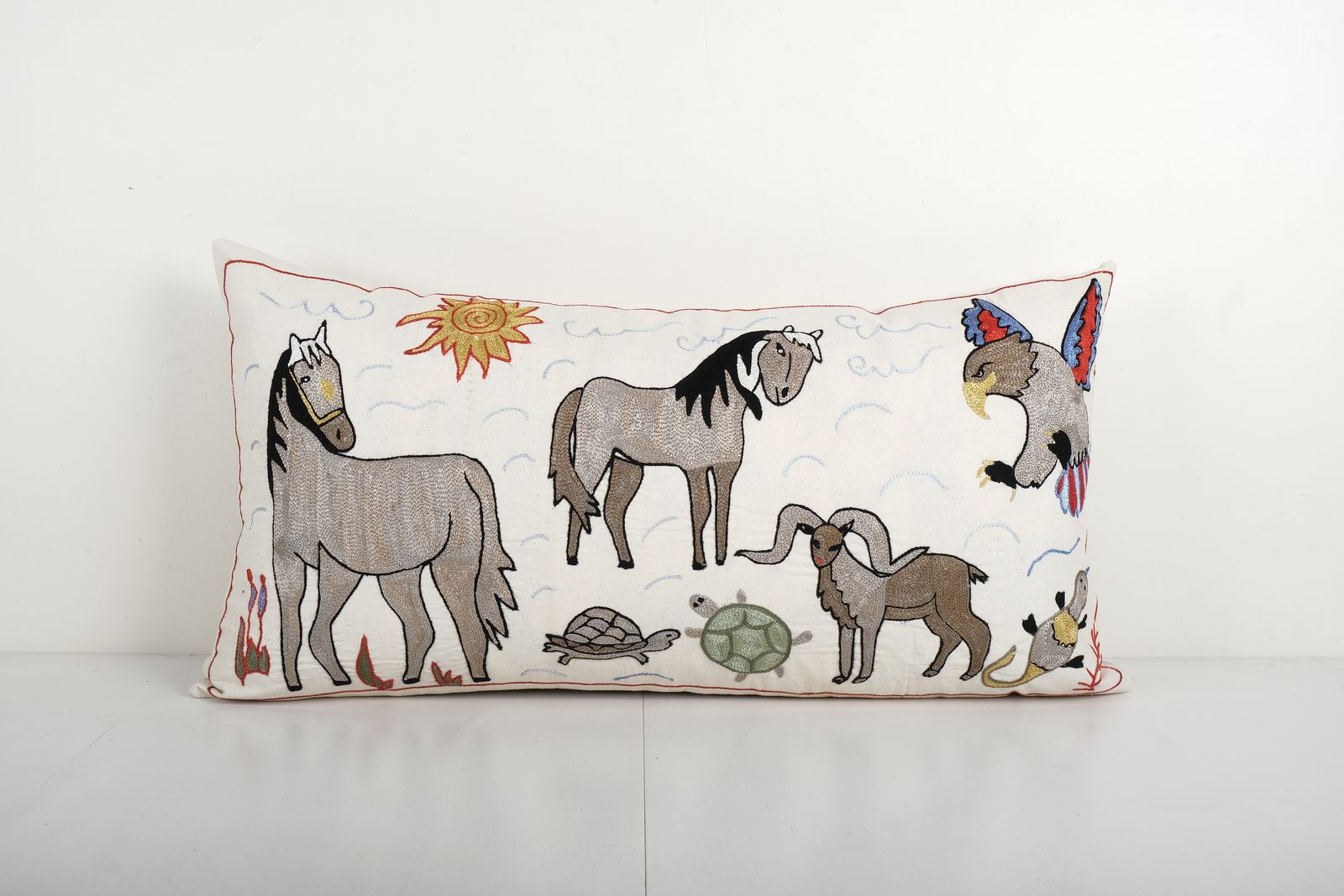 Uzbek Long Suzani Cover With Animal Motif, Horse Bukhara Pillow Case Made From Cotton Fabric 18'' X 35''