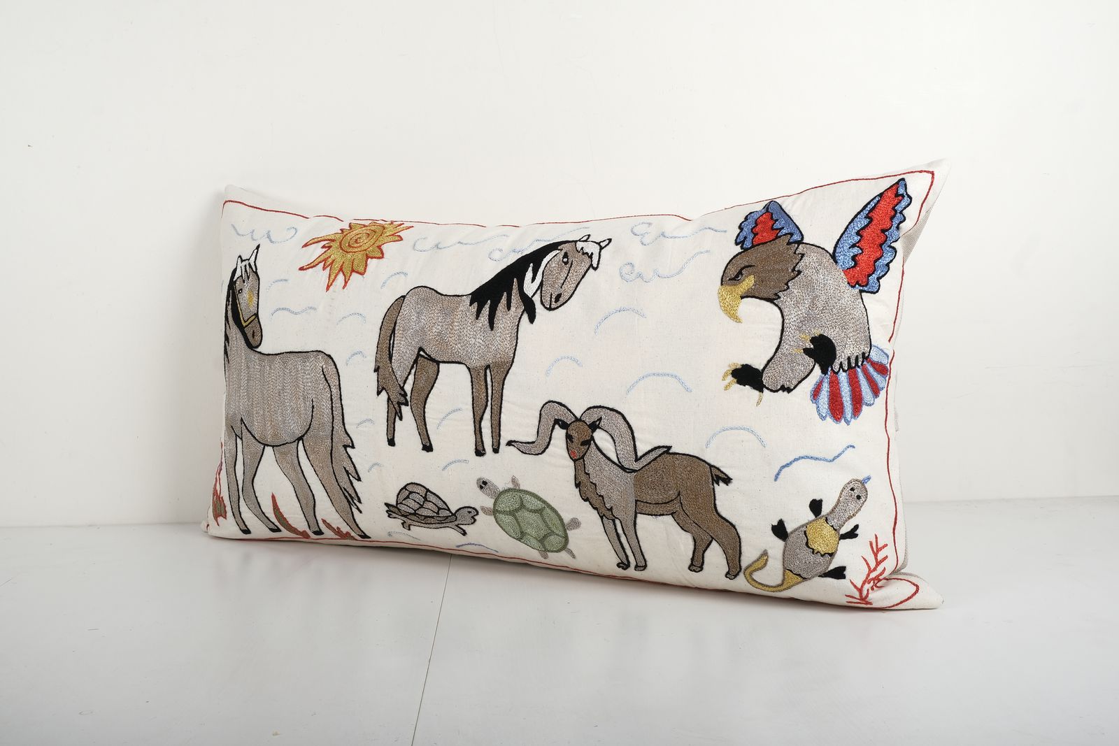 Uzbek Long Suzani Cover With Animal Motif, Horse Bukhara Pillow Case Made From Cotton Fabric 18'' X 35'' photo Textiles