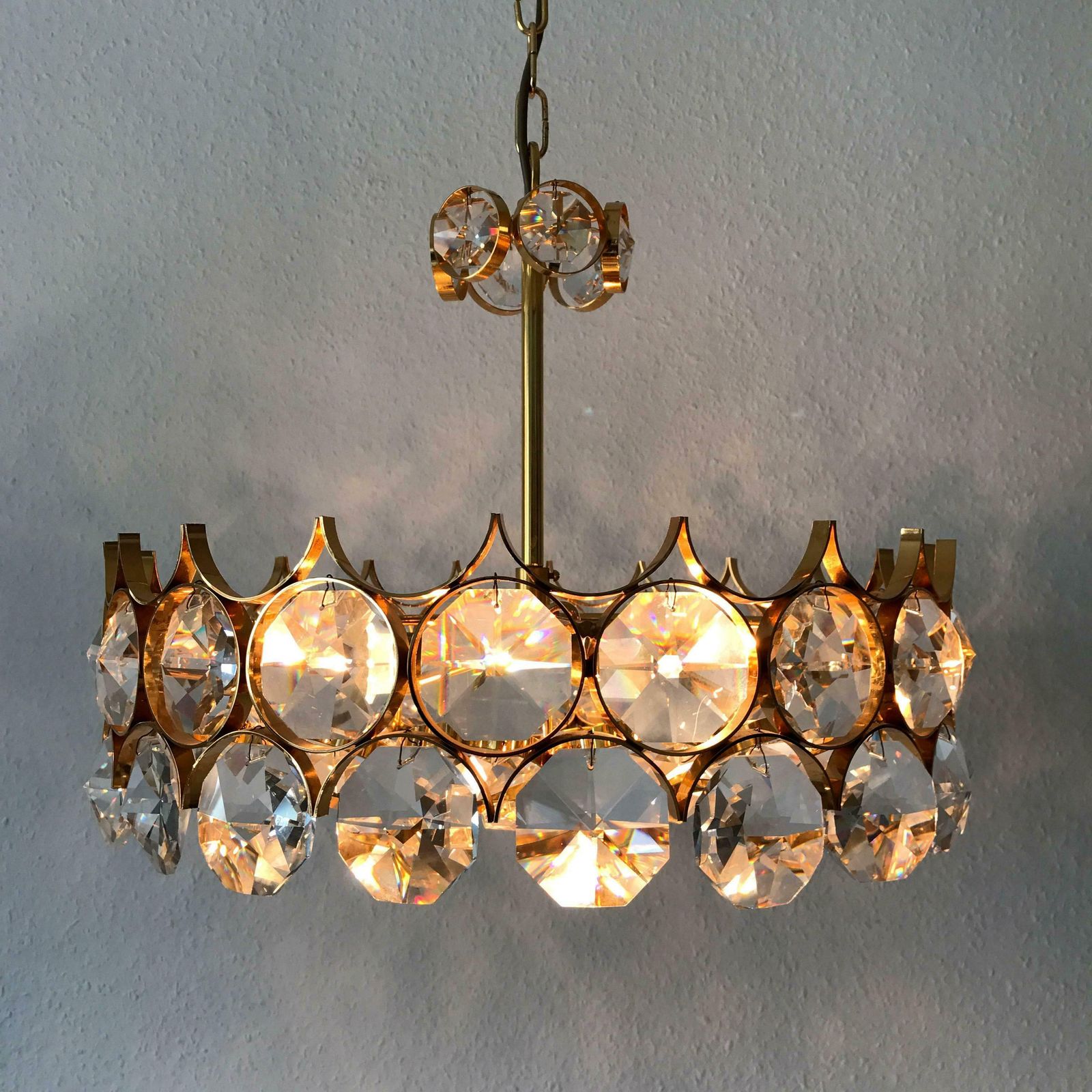 Gorgeous Gilt Brass Facet Cut Crystal Glass Chandelier By Palwa Germany 1960s photo for sale