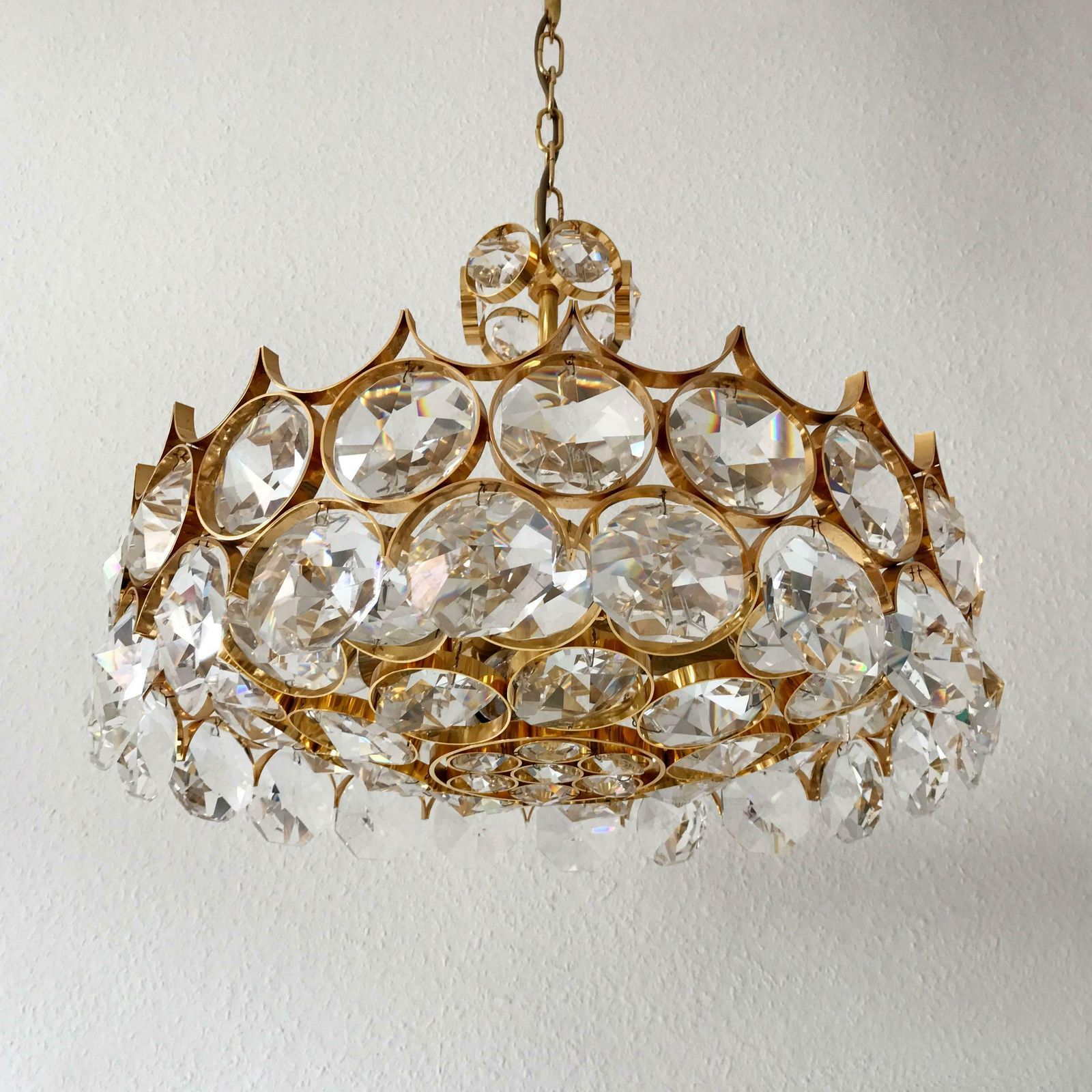 Gorgeous Gilt Brass Facet Cut Crystal Glass Chandelier By Palwa Germany 1960s photo Lighting