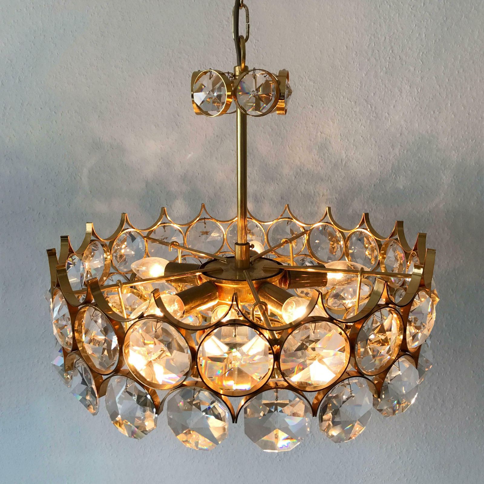 Gorgeous Gilt Brass Facet Cut Crystal Glass Chandelier By Palwa Germany 1960s photo 7718.0
