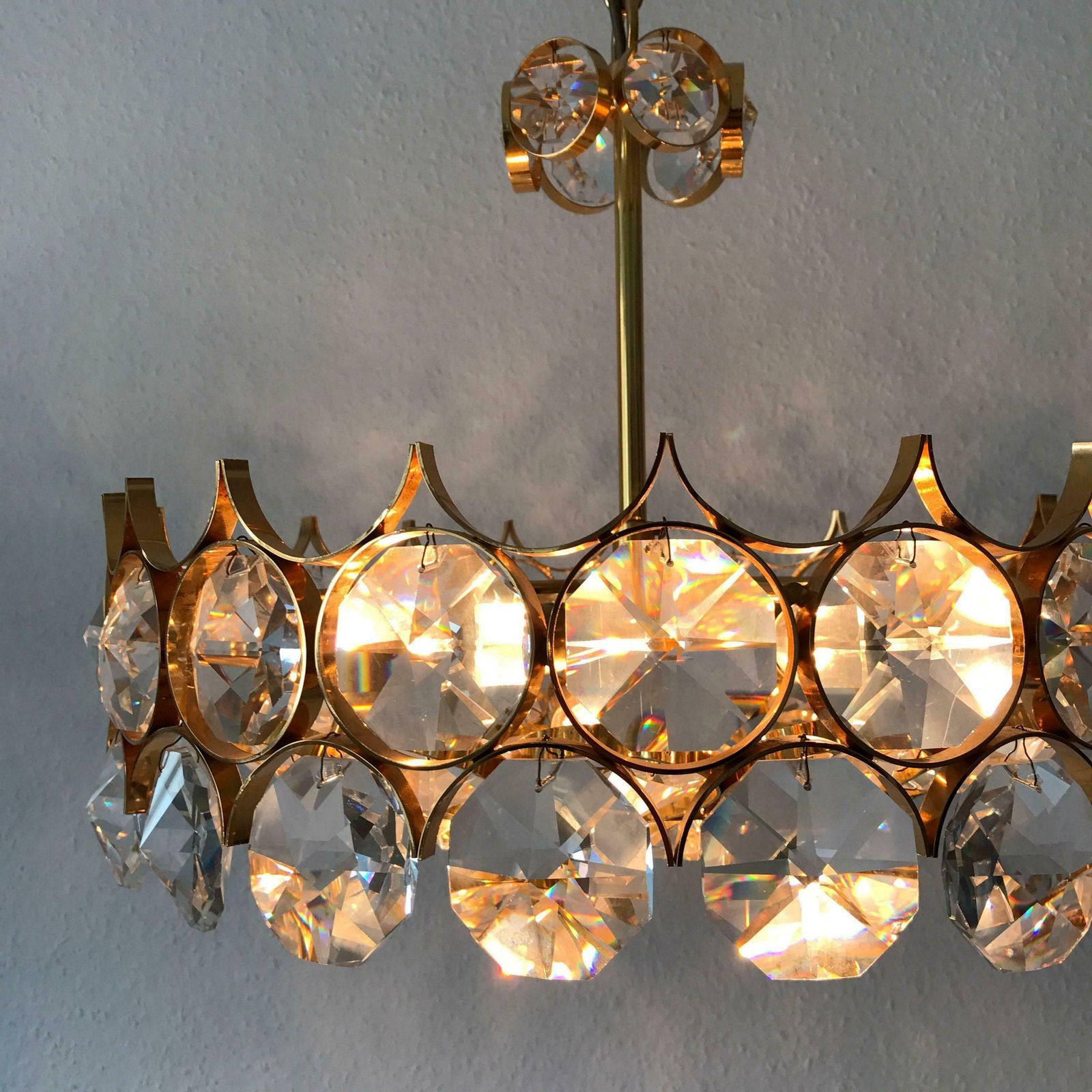 Gorgeous Gilt Brass Facet Cut Crystal Glass Chandelier By Palwa Germany 1960s photo buy
