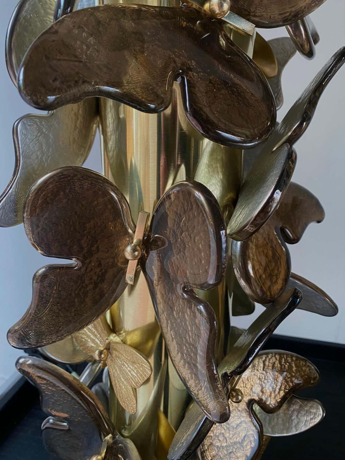Pair Of Gold Metal Lamps With Murano Glass Butterflies photo for sale