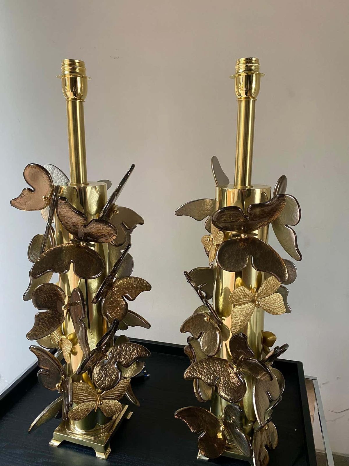 photo for sale Pair Of Gold Metal Lamps With Murano Glass Butterflies