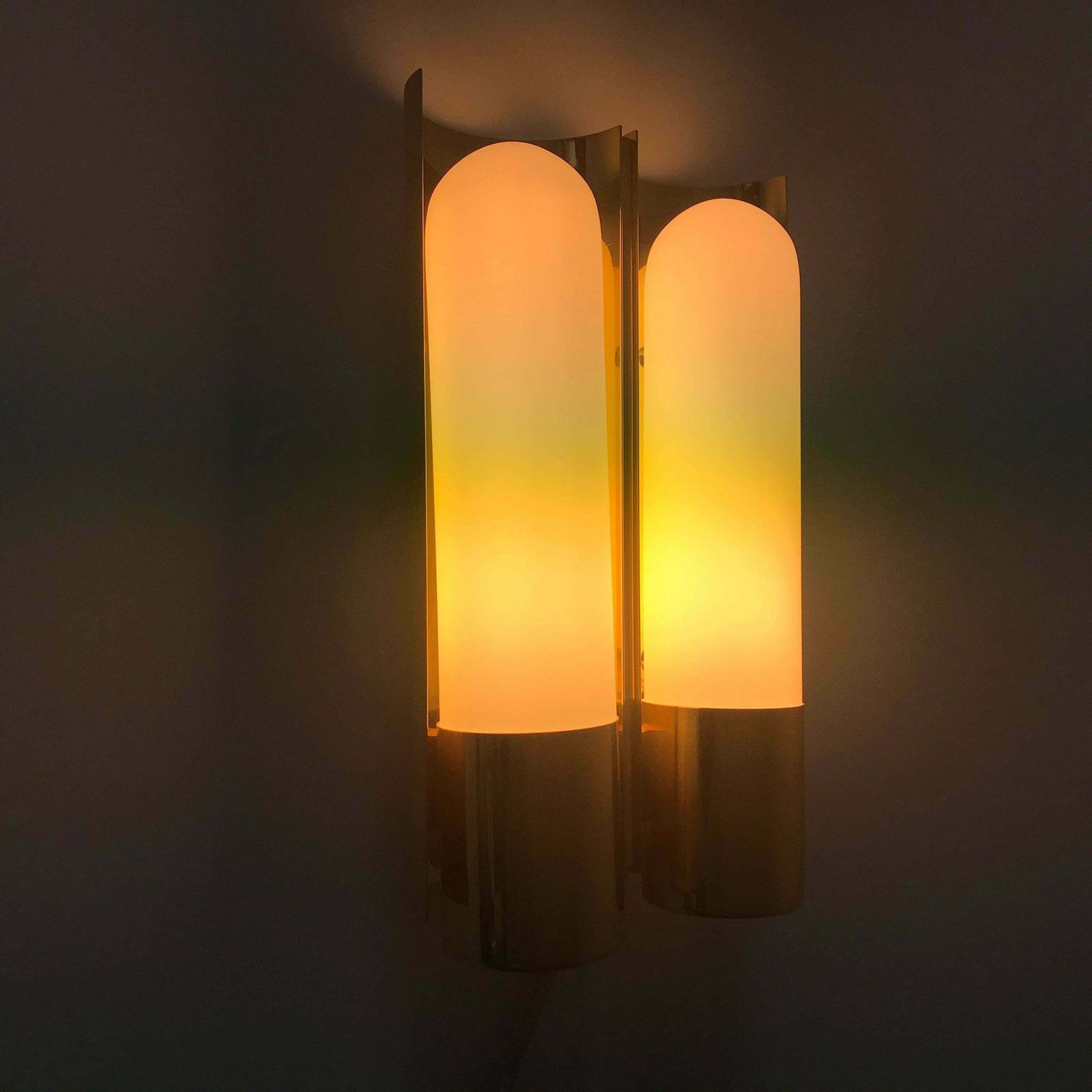 Brass And Opaline Glass Wall Light By Glashütte Limburg Germany 1980s photo for sale