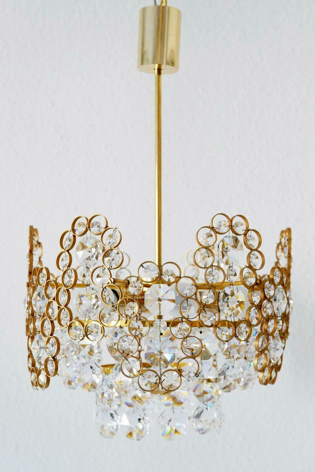 Gilt Brass Facet Cut Crystal Glass Chandelier By Palwa, 1970s, Germany