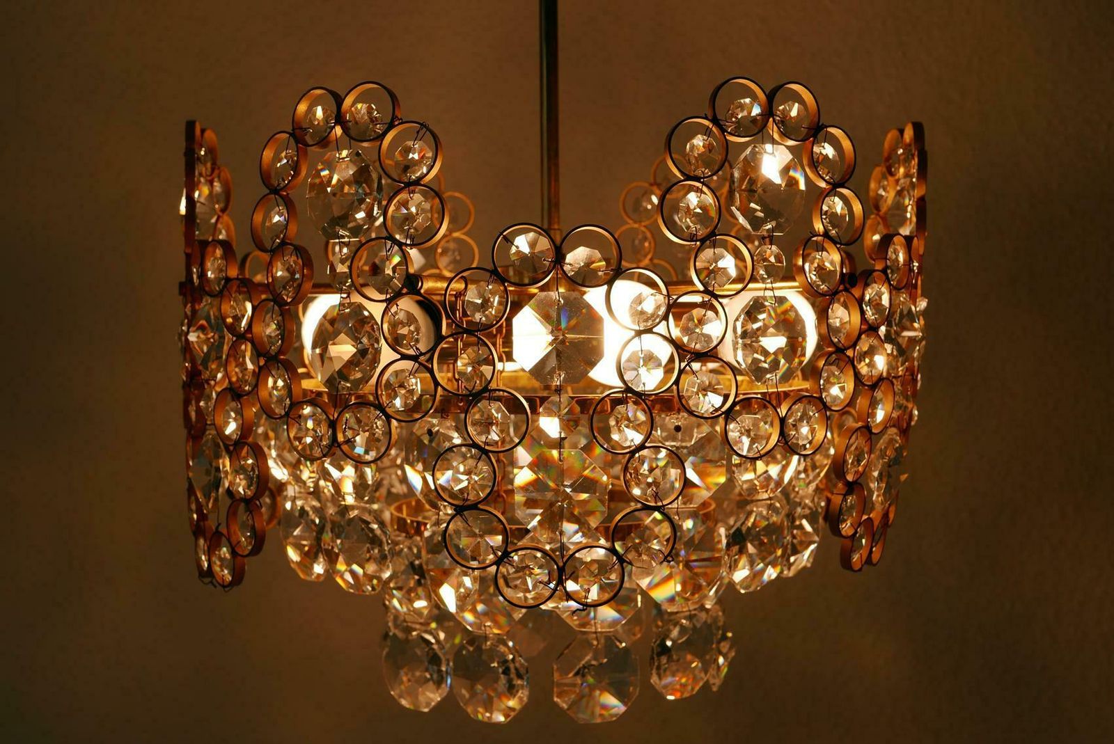 Gilt Brass Facet Cut Crystal Glass Chandelier By Palwa, 1970s, Germany photo Lighting