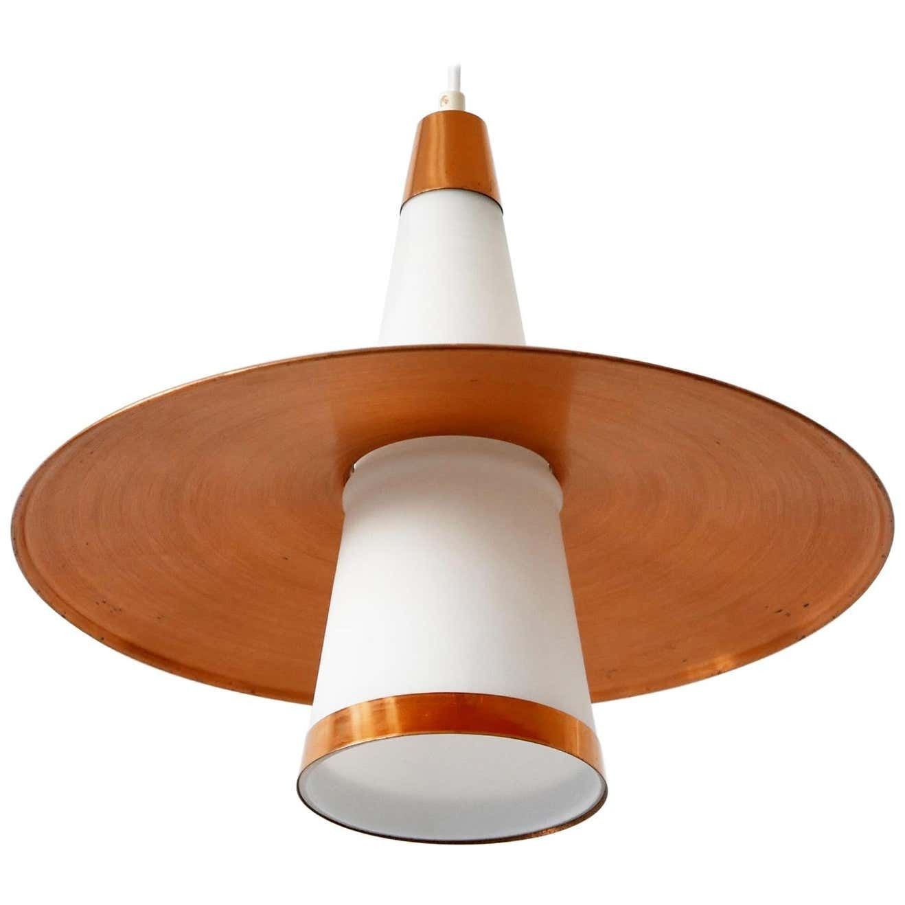 Mid Century Modern Sputnik Copper & Opaline Glass Pendant Lamp Ufo 1950s Denmark