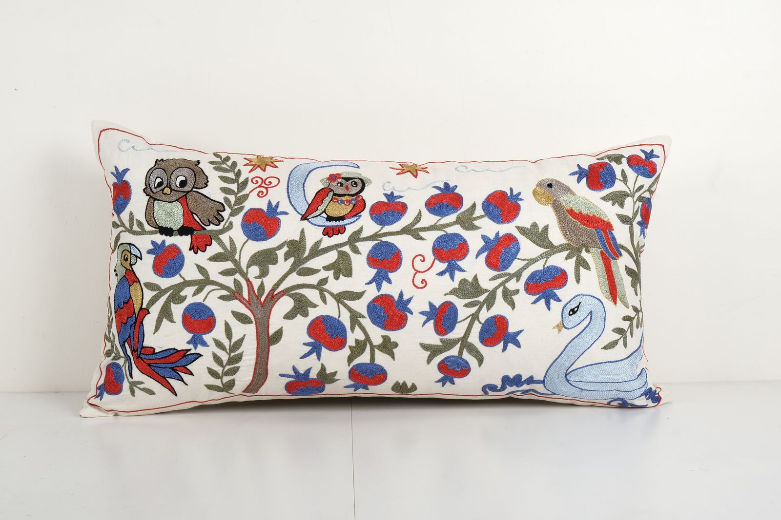 Vintage Long Pictorial Suzani Pillow Cover, Embroidery Duck, Eagle And Parrot Motif Uzbek Bedding Cushion Cover 18'' X 34''