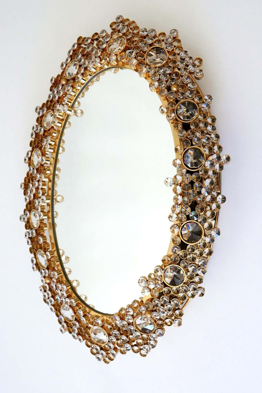 Gorgeous Gilt Brass & Crystal Glass Backlit Wall Mirror By Palwa, Germany, 1970s photo for sale