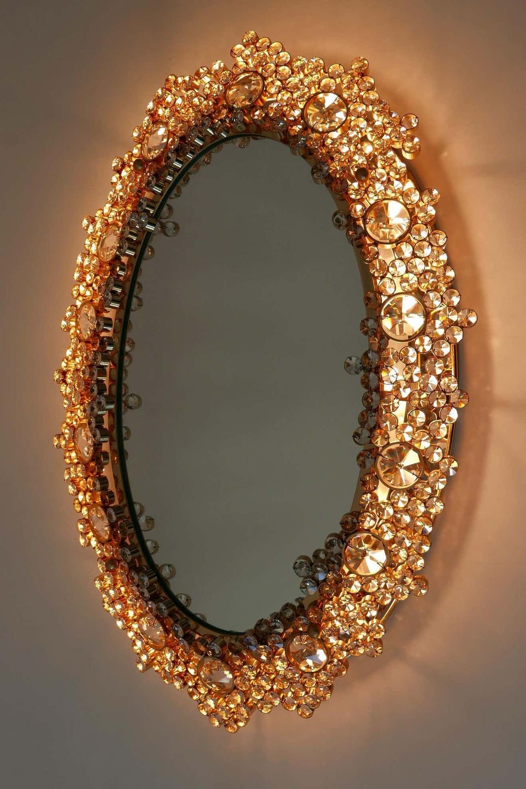 Gorgeous Gilt Brass & Crystal Glass Backlit Wall Mirror By Palwa, Germany, 1970s photo Home Decor