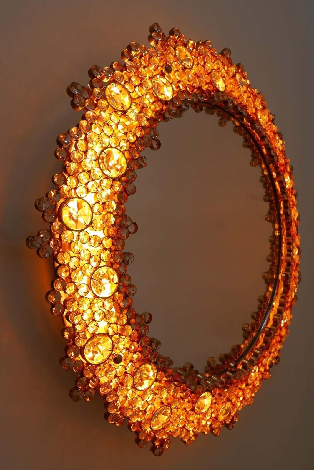 Gorgeous Gilt Brass & Crystal Glass Backlit Wall Mirror By Palwa, Germany, 1970s photo vinterior
