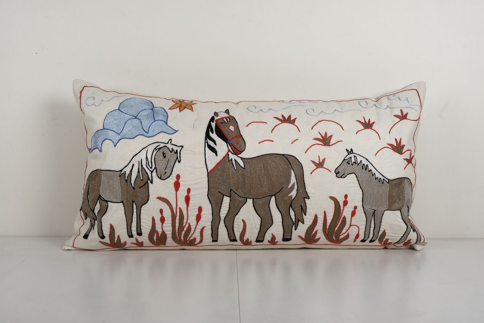 King Vintage Cotton Suzani Pillow Cover With Animal Pattern, Exquisite Suzani Horse Bed Pillow Cover 18'' X 34''