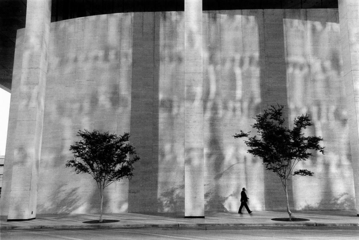 Michael Ormerod Man Walking In Front Of Building, Houston   Black And White, Street Photography C. 1989