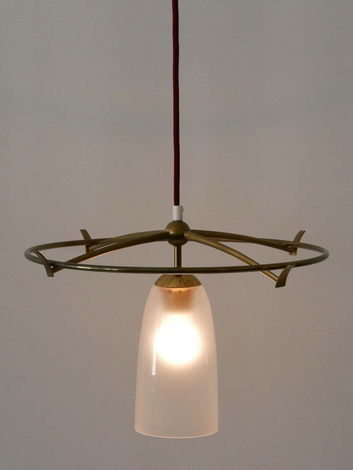 photo for sale Minimalistic Mid Century Modern Brass & Glass Ufo Pendant Lamp Germany, 1950s