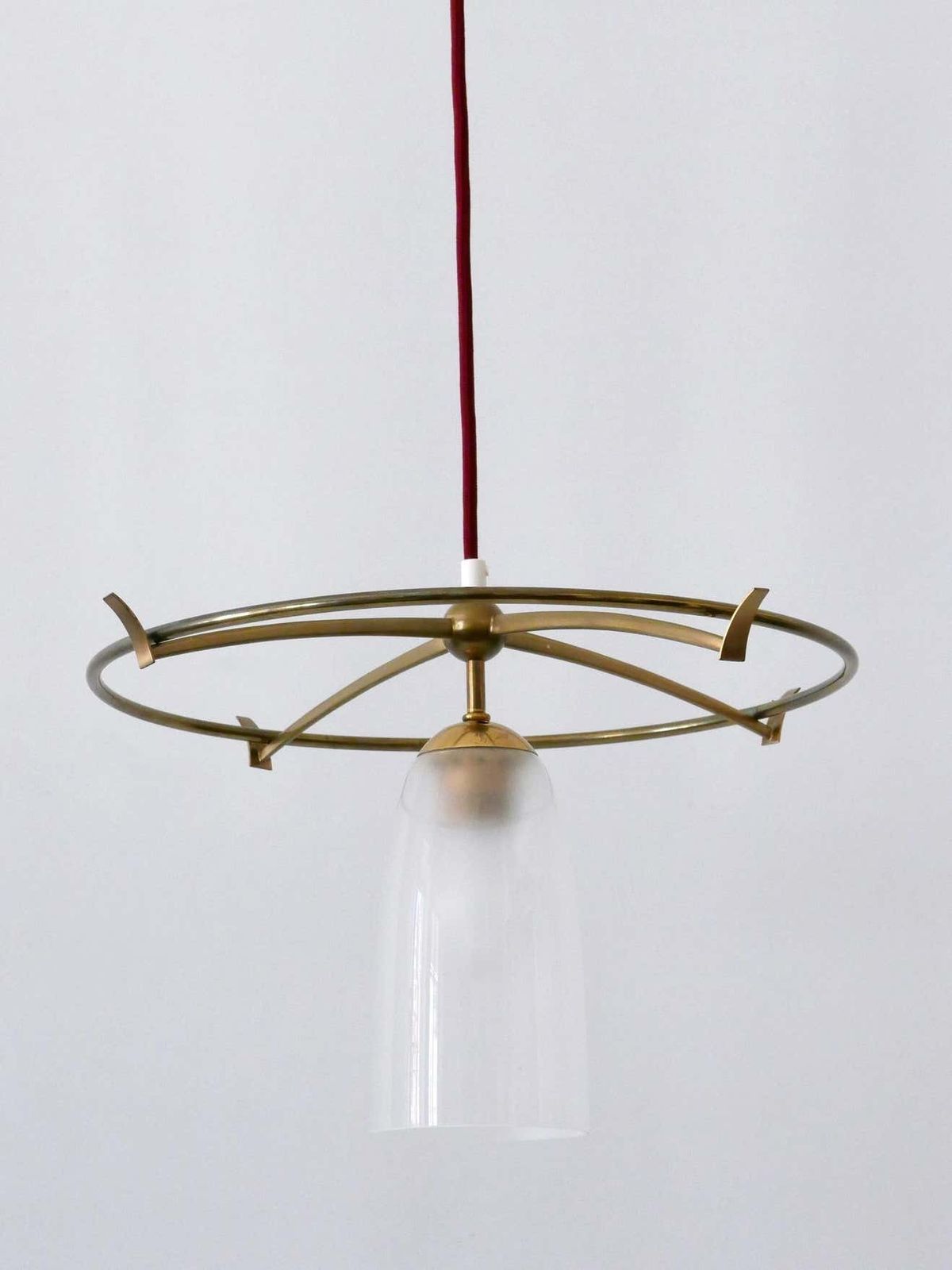Lighting Minimalistic Mid Century Modern Brass & Glass Ufo Pendant Lamp Germany, 1950s photo